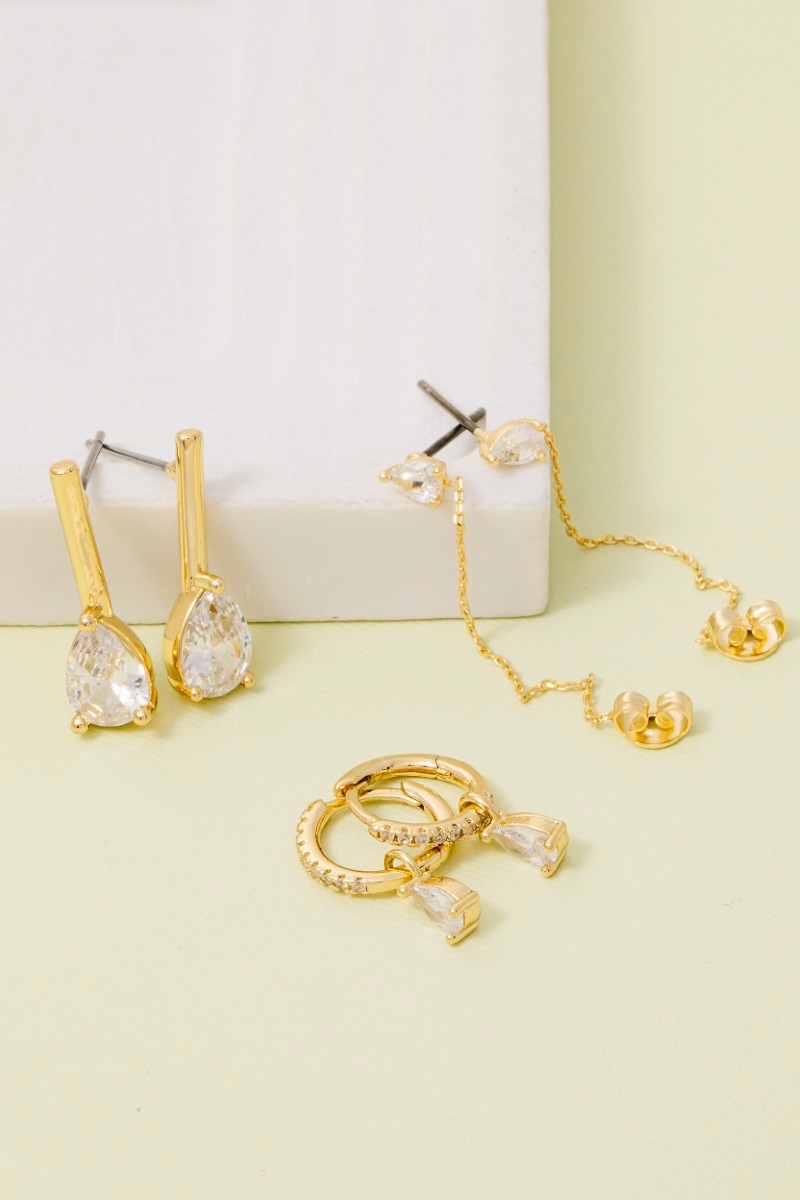 Gold Dipped Mixed Cz Tear Drops Earrings Set
