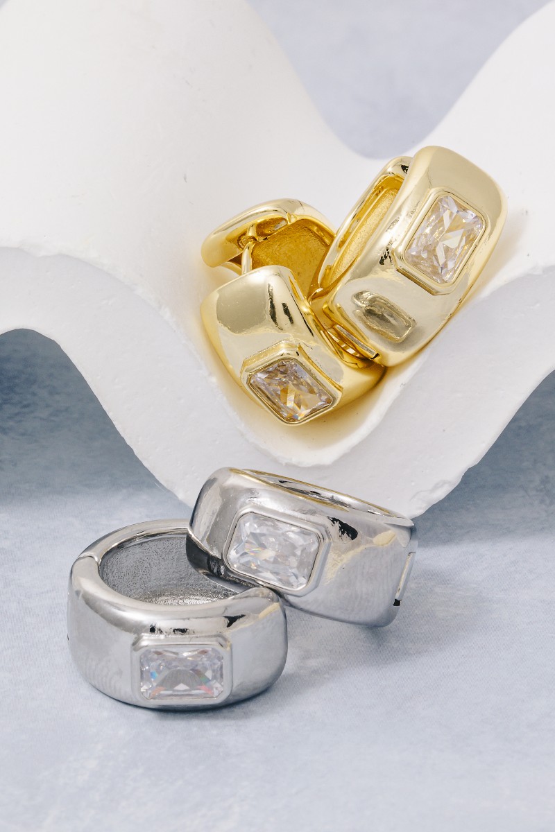 Gold Dipped Cz Baguette Wide Hinge Hoop Earrings