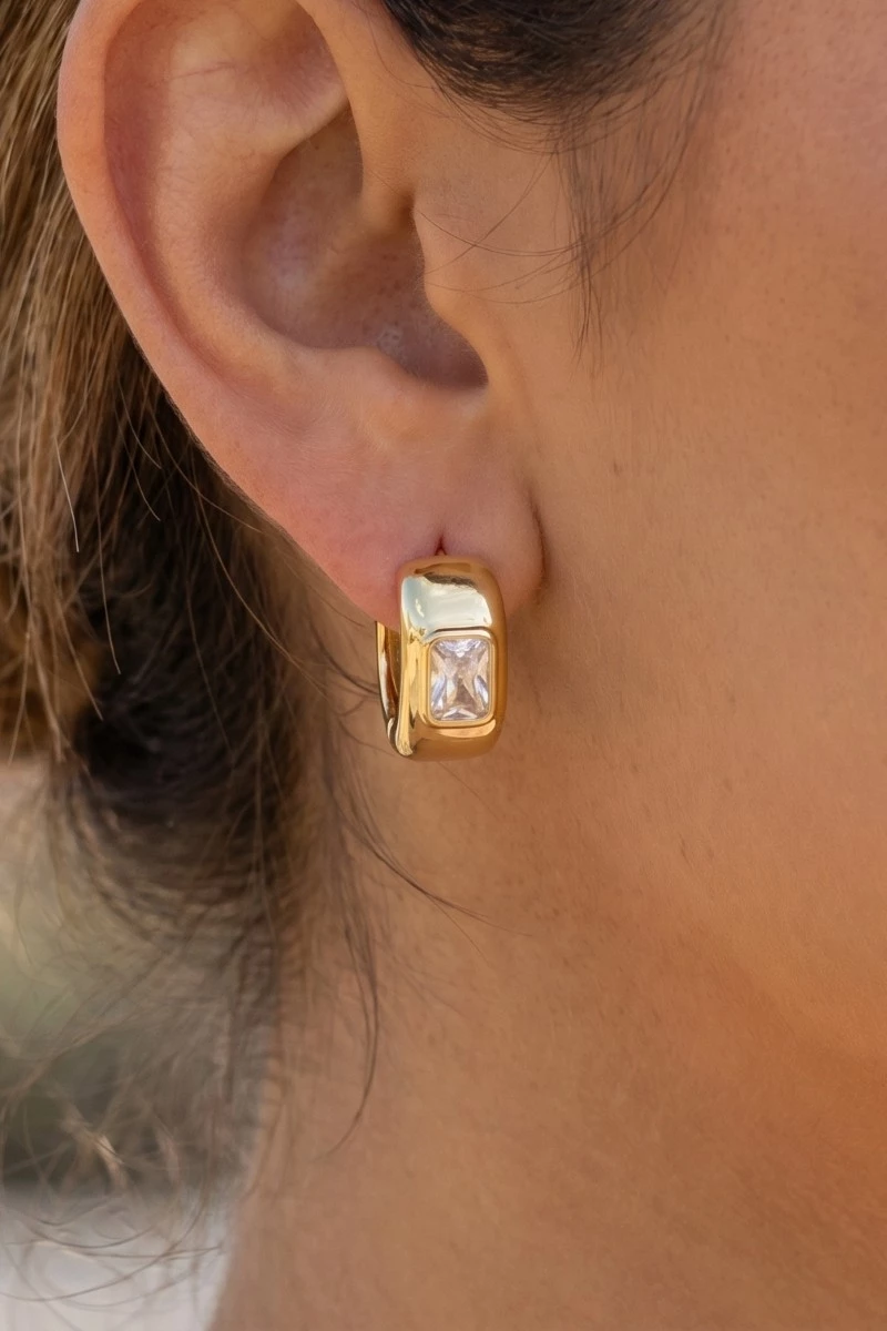 Gold Dipped Cz Baguette Wide Hinge Hoop Earrings