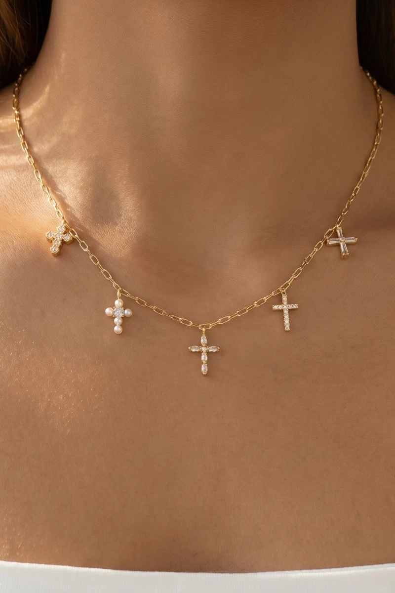 Gold Dipped Cz And Pearl Cross Charms Necklace