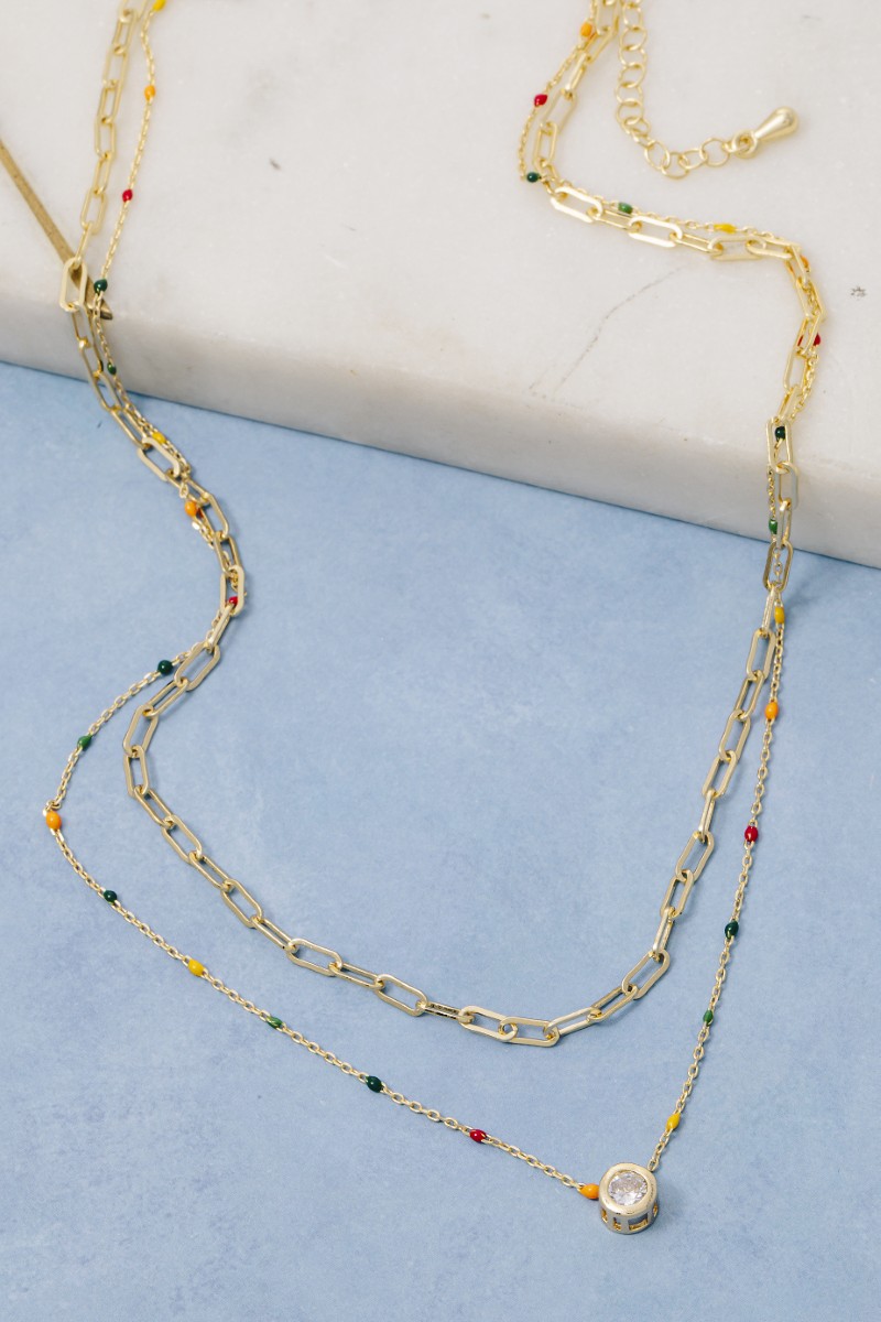 Gold Dipped Enamel Cz Pendant Layered Necklace