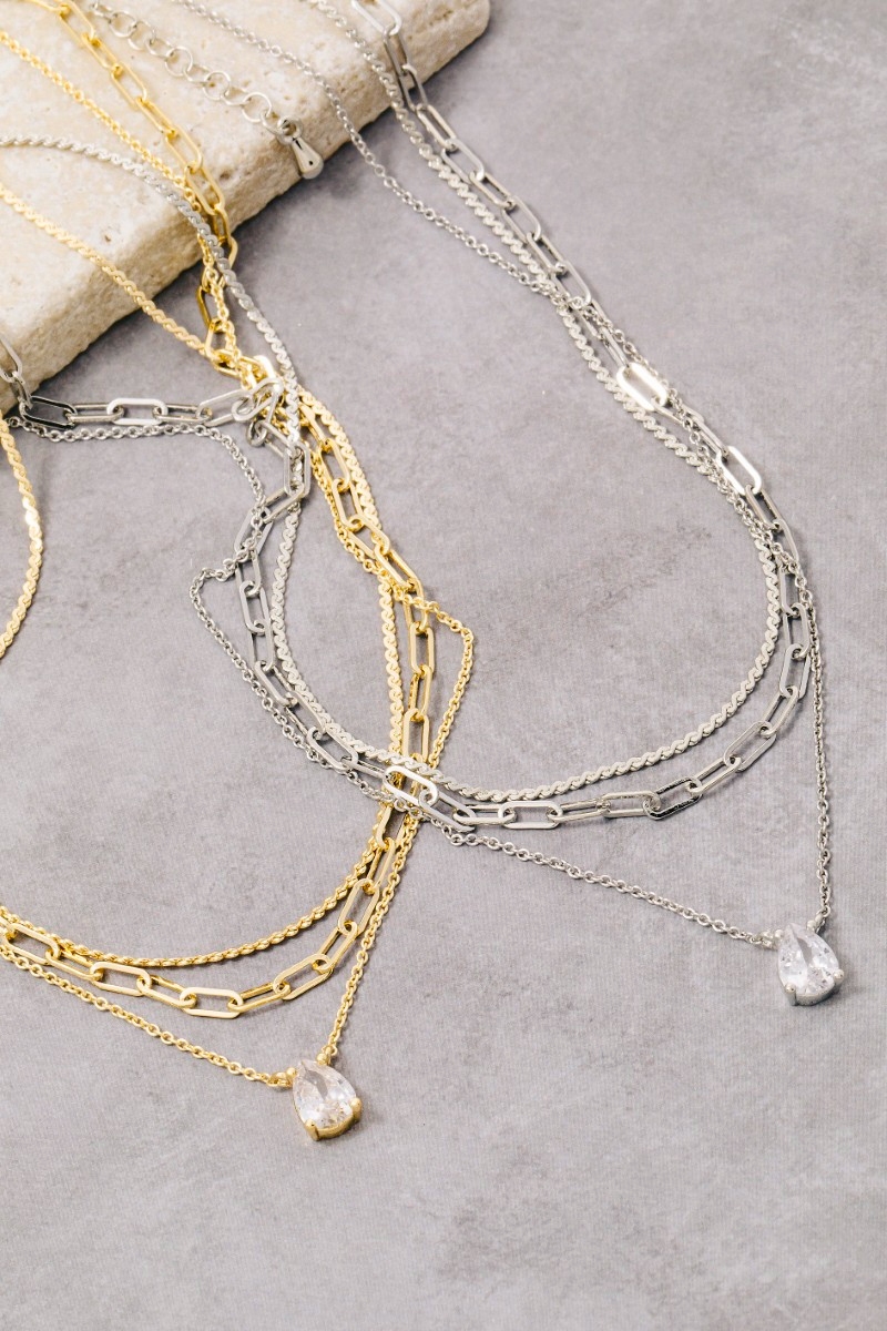 Gold Dipped Cz Tear Pendant Layered Chains Necklace