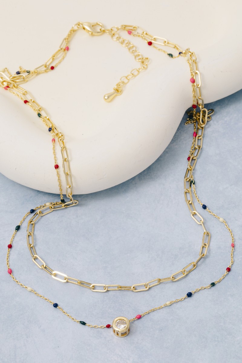 Gold Dipped Multi Enamel Drops Cz Pendant Layered Necklace
