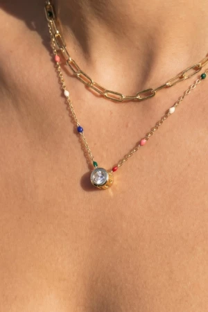 Gold Dipped Multi Enamel Drops Cz Pendant Layered Necklace