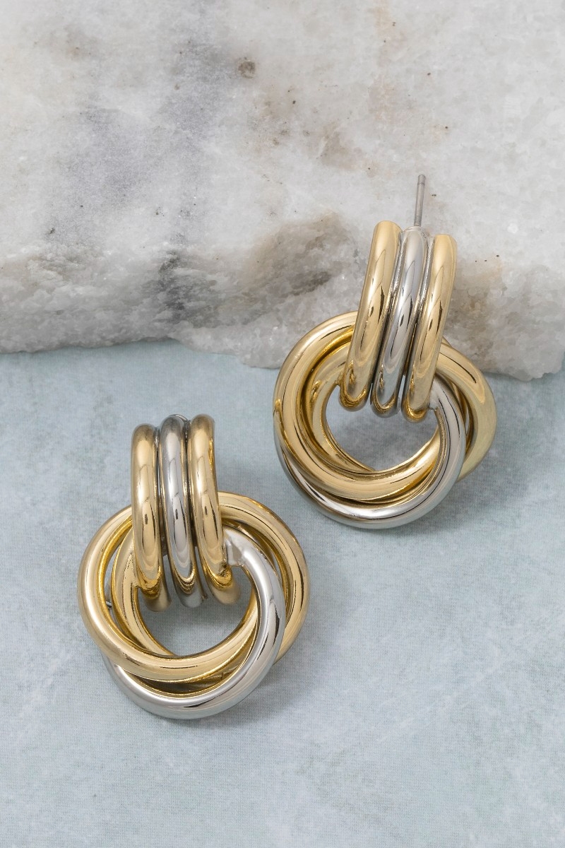 Gold Dipped Two Tone Knotted Hoops Dangle Earrings
