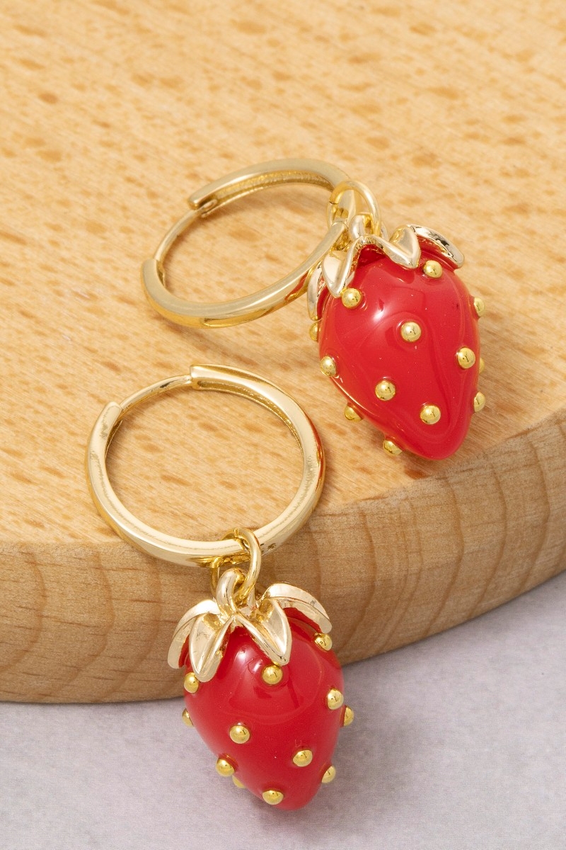 Gold Dipped Strawberry Fruit Charm Dangle Earrings