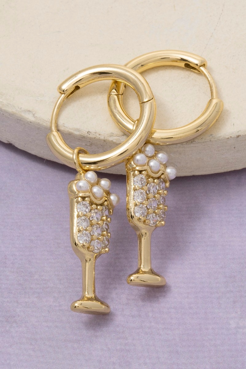 Gold Dipped Cz Pearl Champagne Charm Hoop Earrings