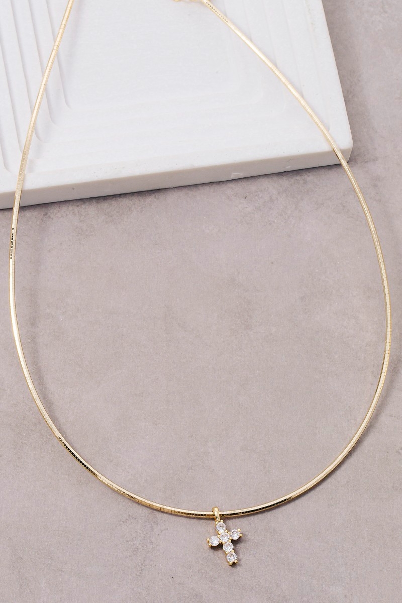 Gold Dipped Cz Studded Cross Pendant Choker Necklace