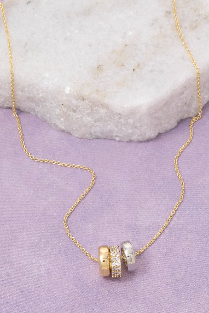Gold Dipped Cz Triple Ring Charm Necklace