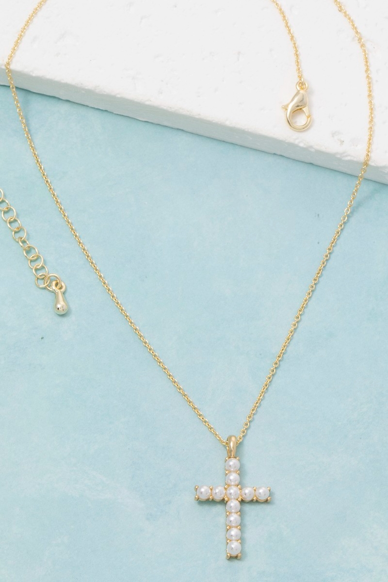 Gold Dipped Pearl Studded Cross Pendant Necklace