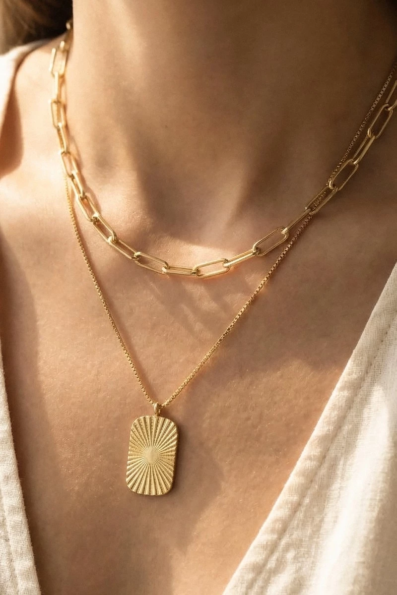 Gold Dipped Textured Rectangle Pendant Necklace