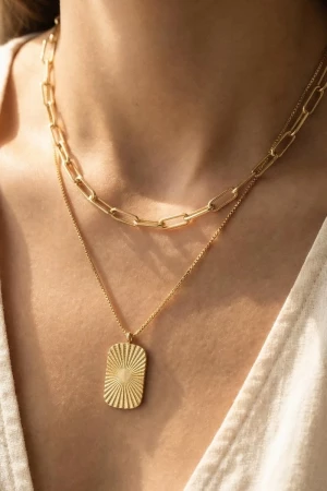 Gold Dipped Textured Rectangle Pendant Necklace