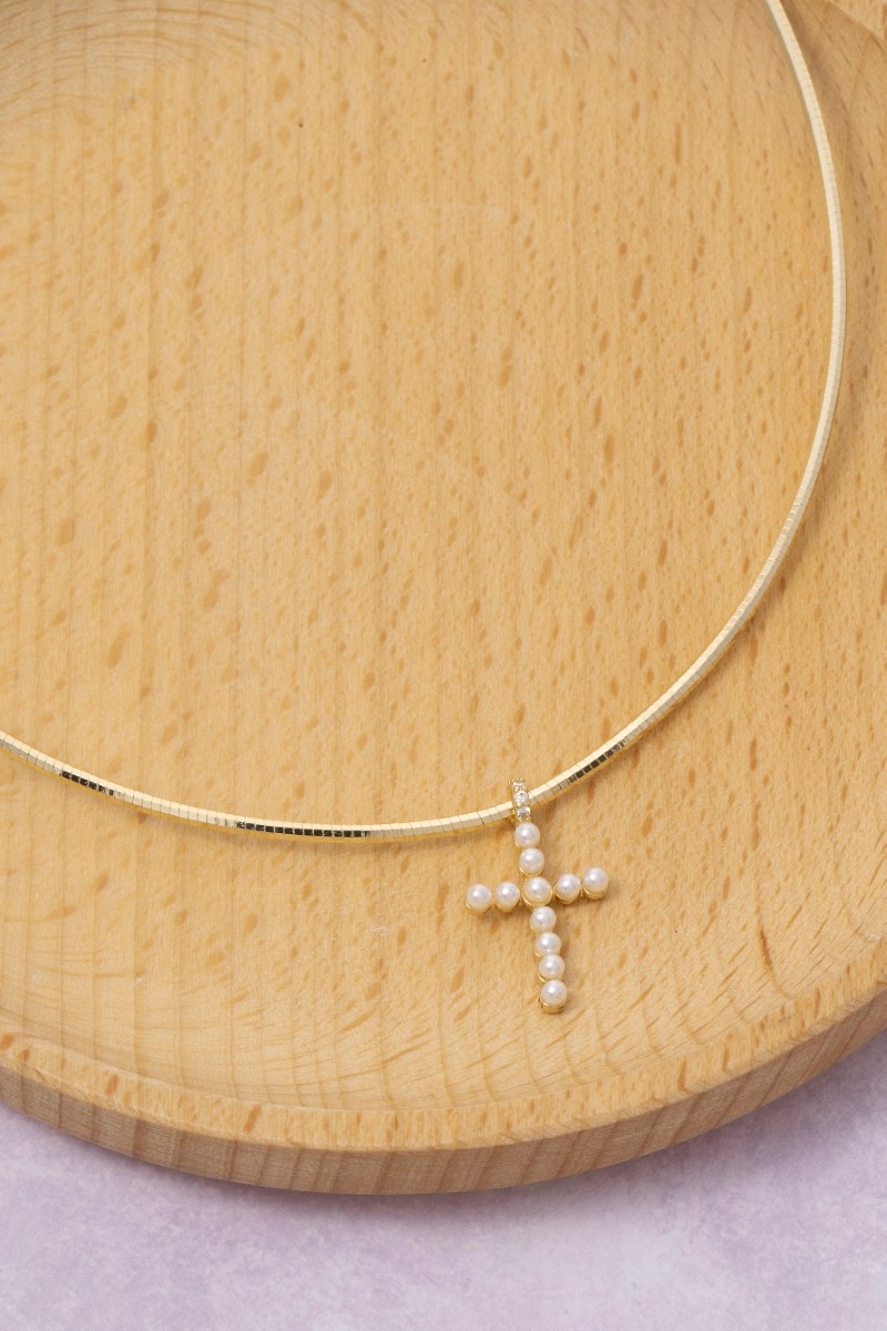 Gold Dipped Pearl Studded Cross Pendant Necklace
