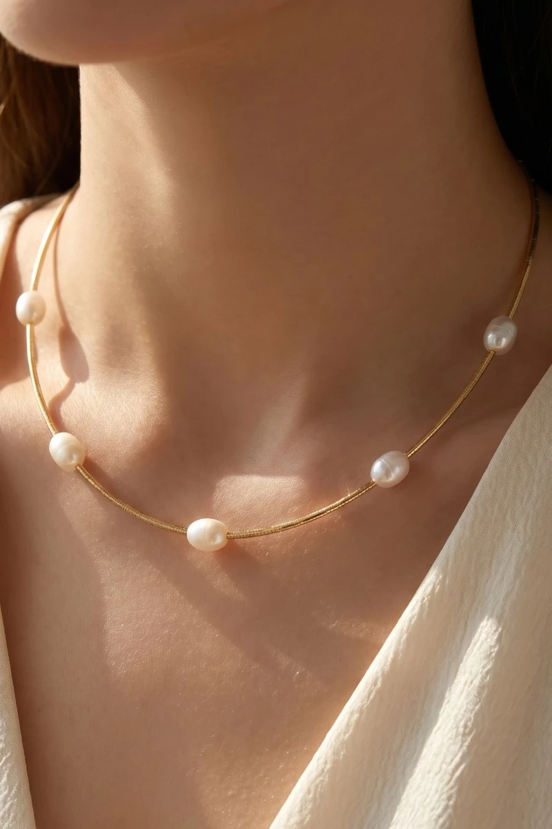 Gold Dipped Pearl Station Necklace