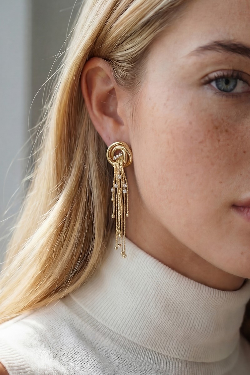 Gold Dipped Knot And Long Chain Fringe Stud Earrings