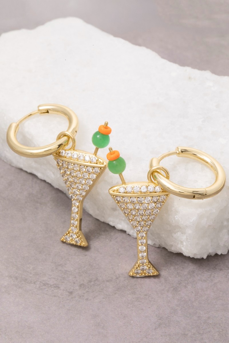 Gold Dipped Pave Martini Glass Hoop Earrings