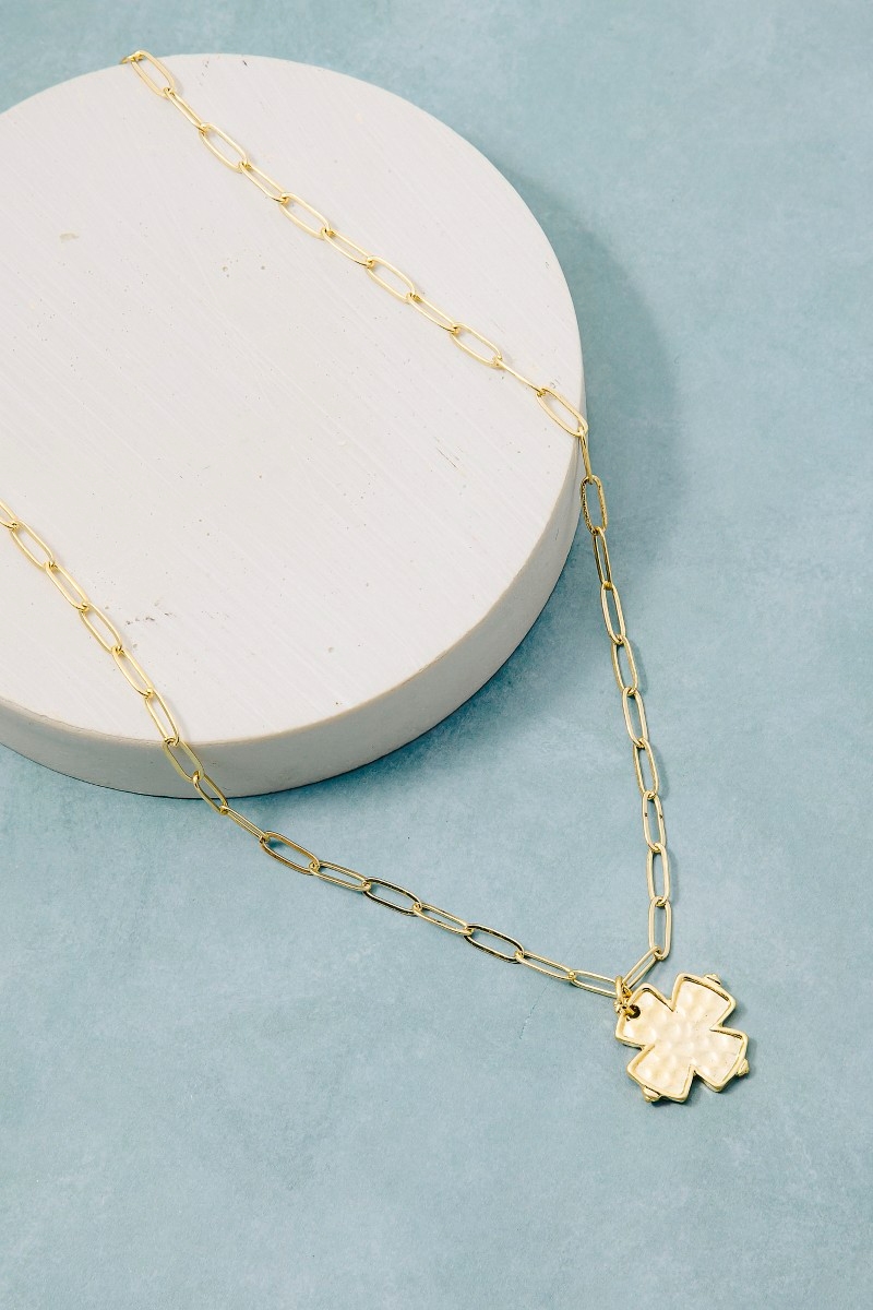 Gold Dipped Hammered Cross Pendant Necklace