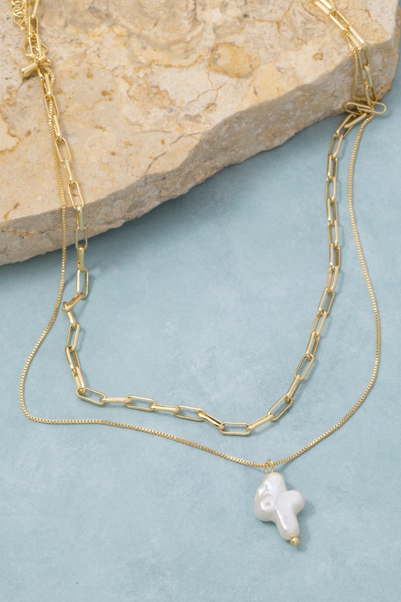 Gold Dipped Pearl Cross Pendant Layered Chain Necklace