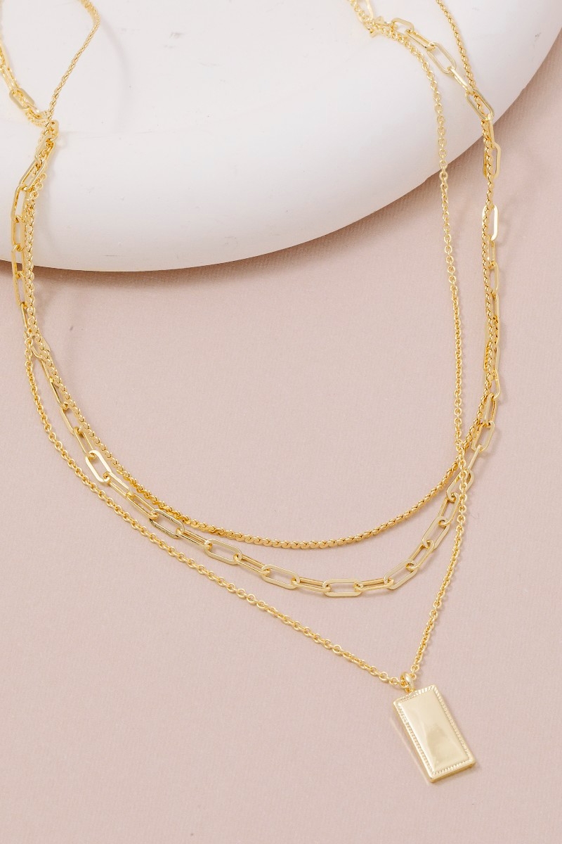 Gold Dipped Rectangle Pendant Layered Chains Necklace