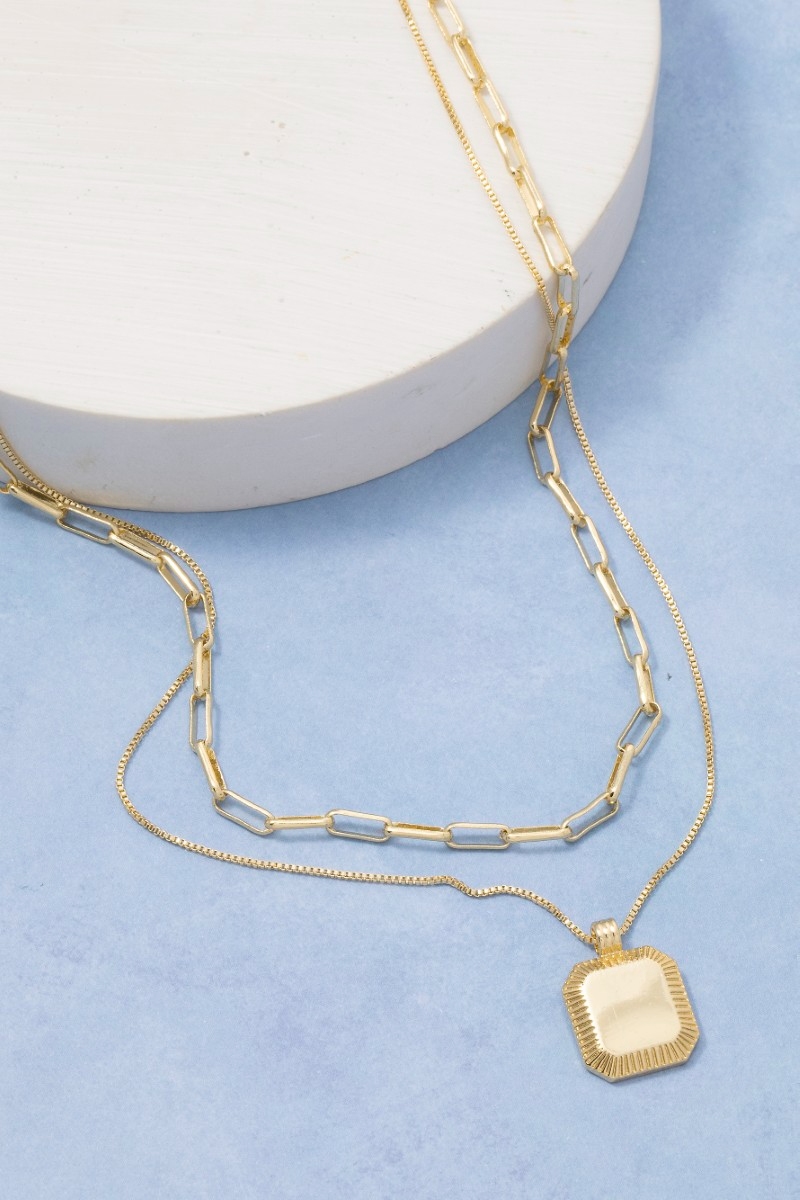 Gold Dipped Square Pendant Layered Chains Necklace