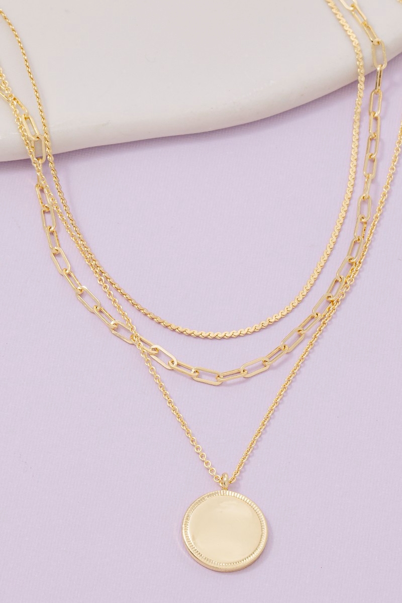 Gold Dipped Coin Pendant Layered Chains Necklace