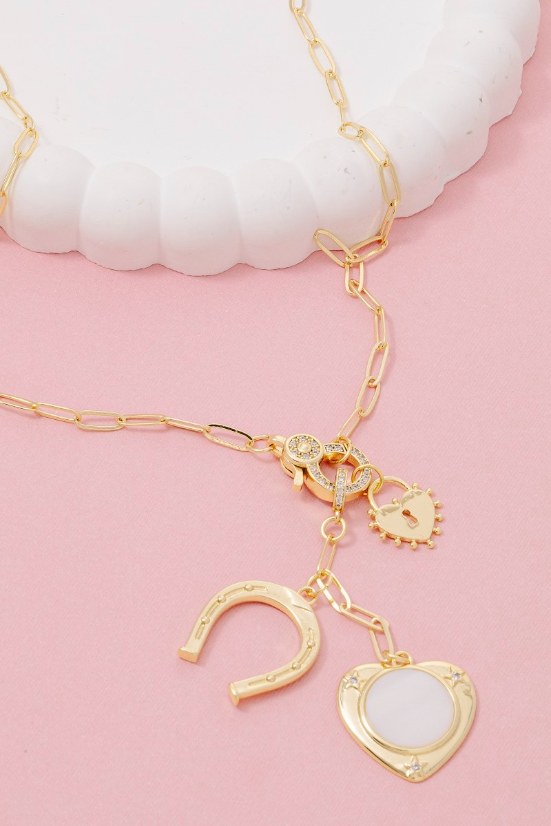 Gold Dipped Heart And Horseshoe Charms Chain Necklace