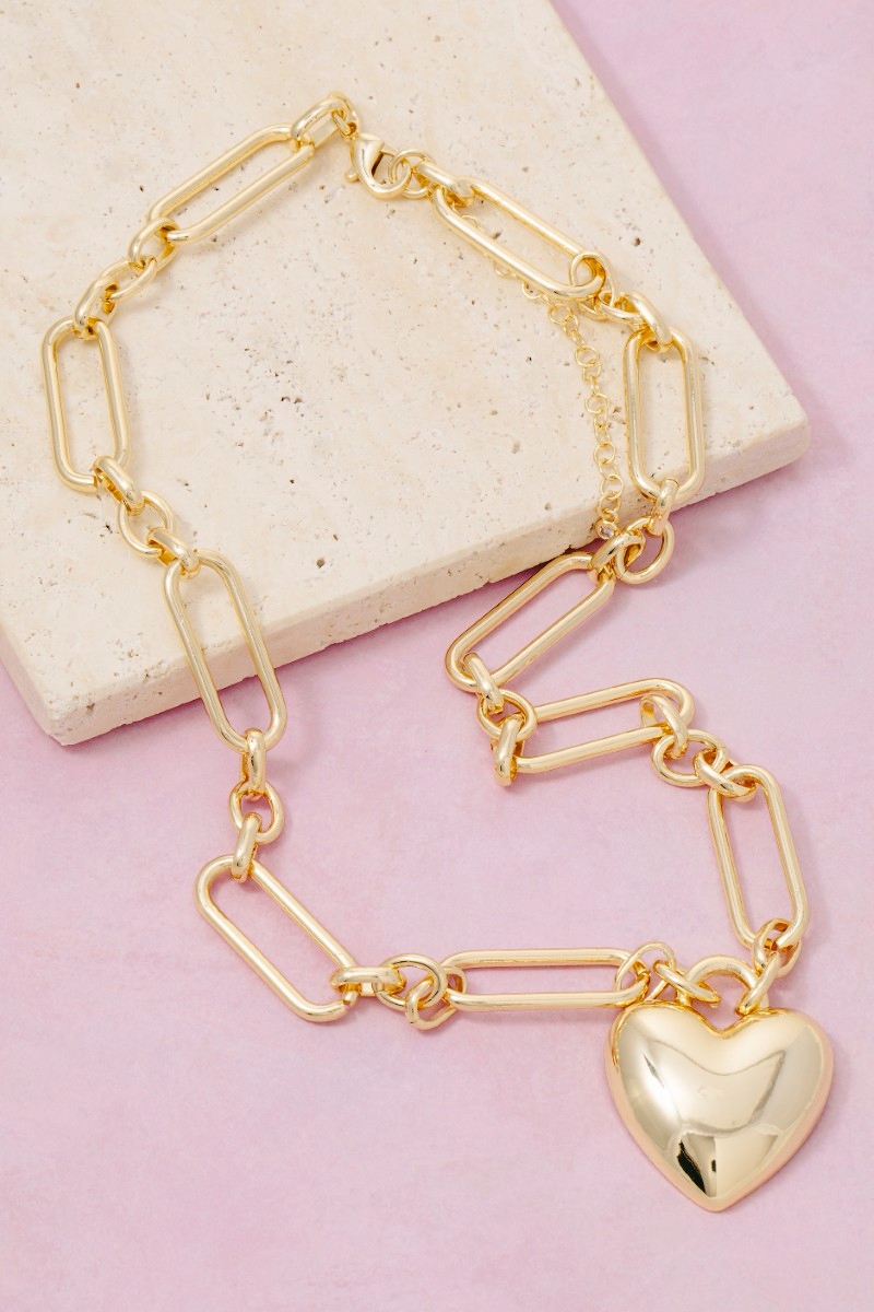 Gold Dipped Heart Pendant Oval Chain Necklace