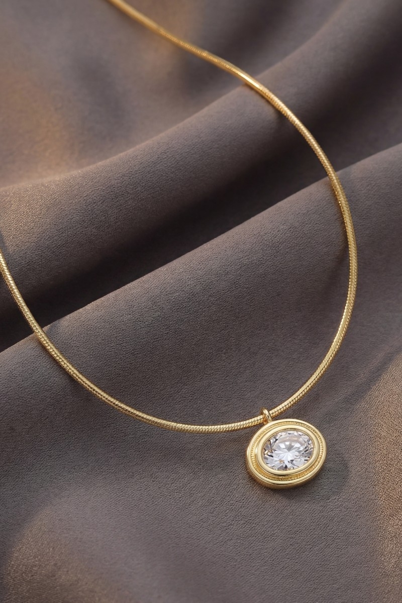 Gold Dipped Box Chain Faceted Oval Cz Pendant Necklace