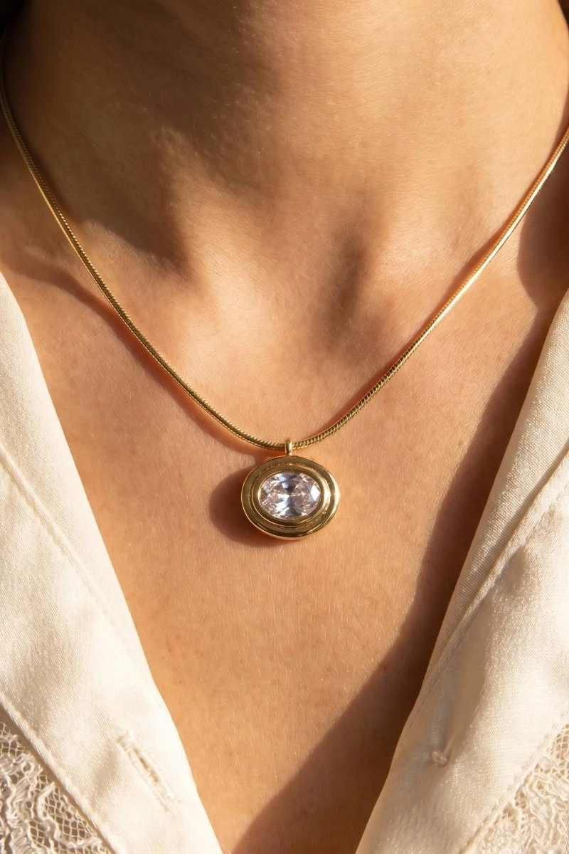 Gold Dipped Box Chain Faceted Oval Cz Pendant Necklace