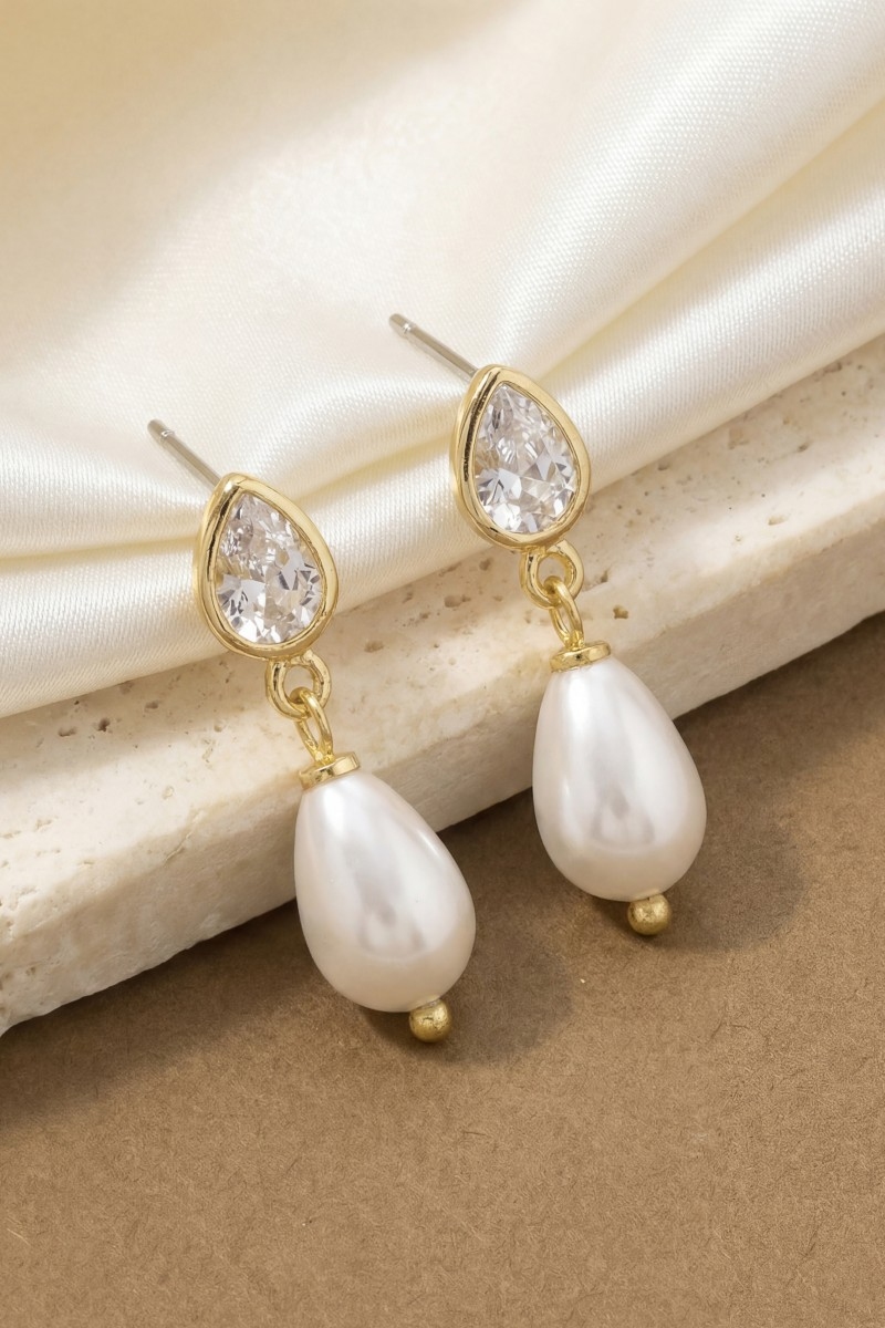 Gold Dipped Cz And Pearl Tear Stud Dangle Earrings