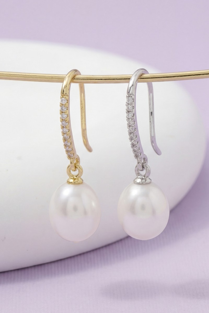 Gold Dipped Cz Pave Bar Pearl Charm Dangle Earrings