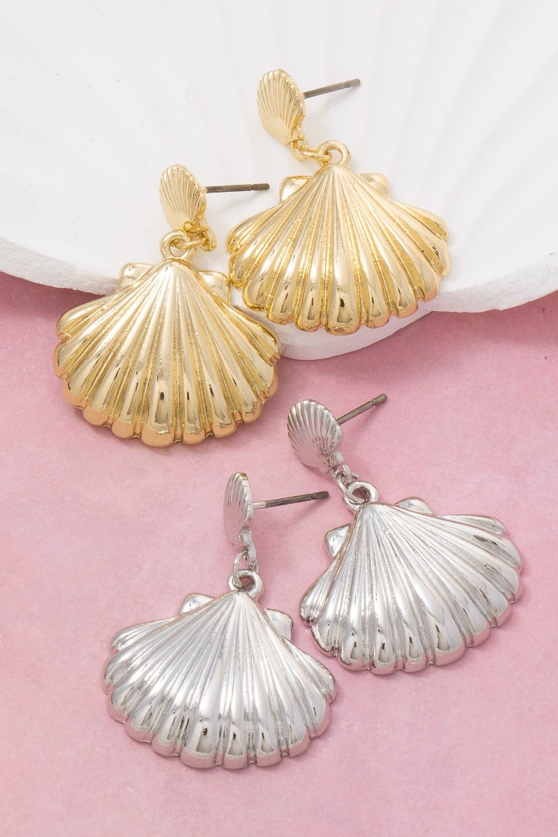Gold Dipped Double Sea Shell Stud Dangle Earrings