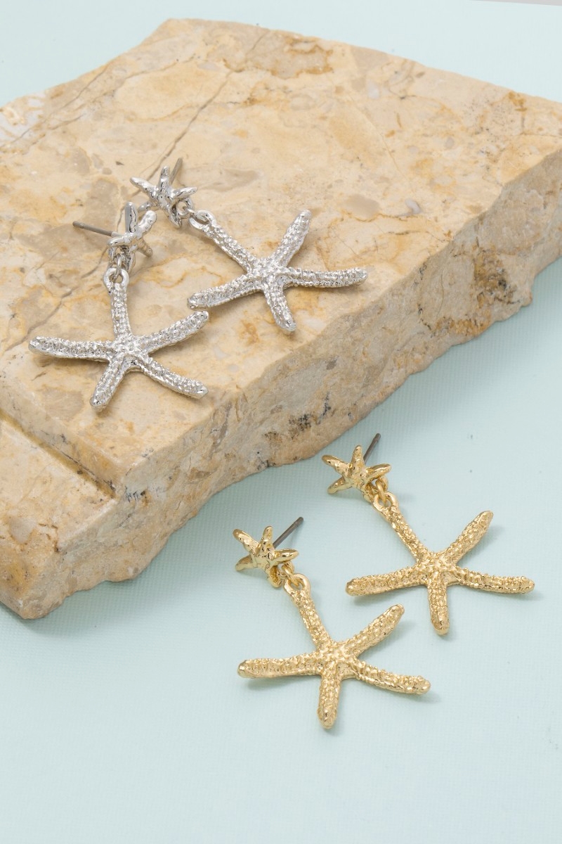 Gold Dipped Double Star Fish Stud Dangle Earrings