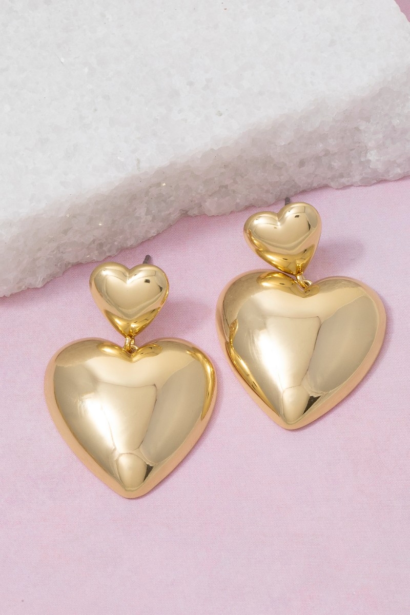 Gold Dipped Double Heart Stud Dangle Earrings