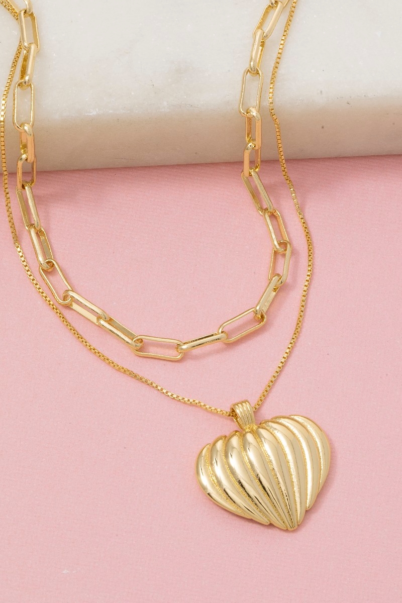 Gold Dipped Ridged Heart Pendant Layered Necklace