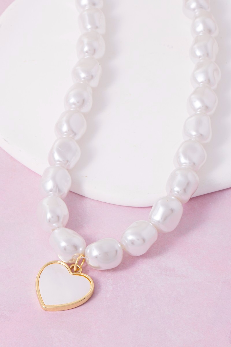 Gold Dipped Mother Of Pearl Heart Pendant Pearl Beaded Necklace