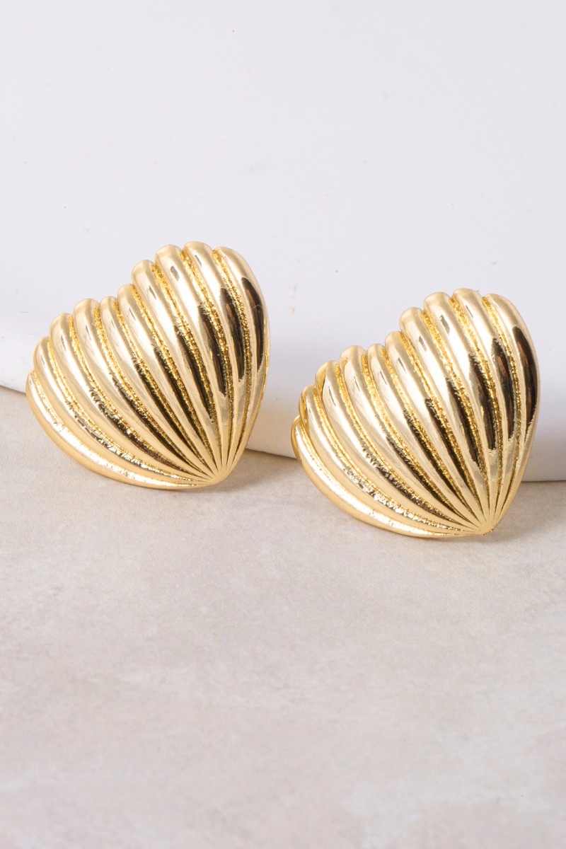 Gold Dipped Ridged Heart Shield Stud Earrings