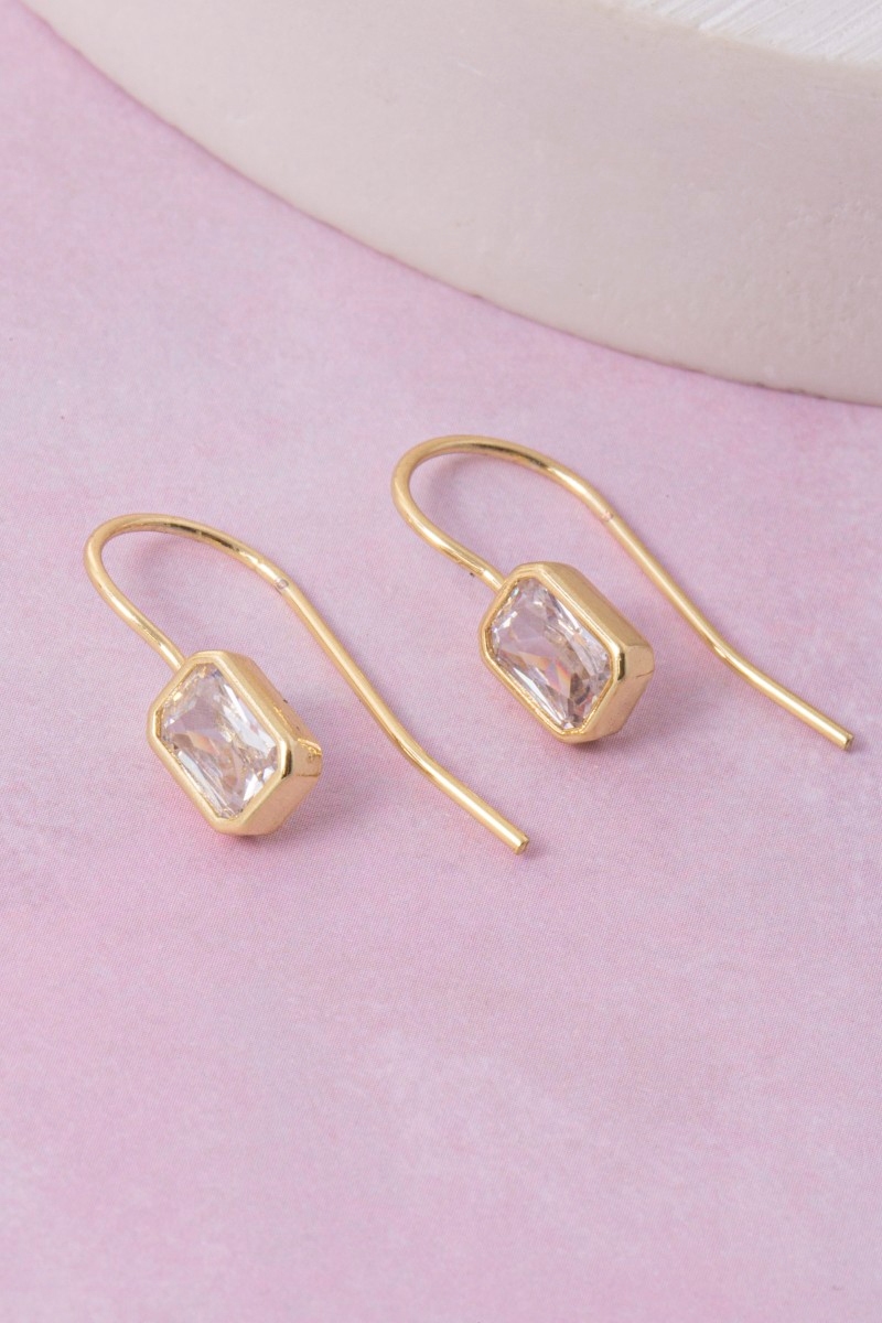 Gold Dipped Cz Mini Rectangle Drop Earrings