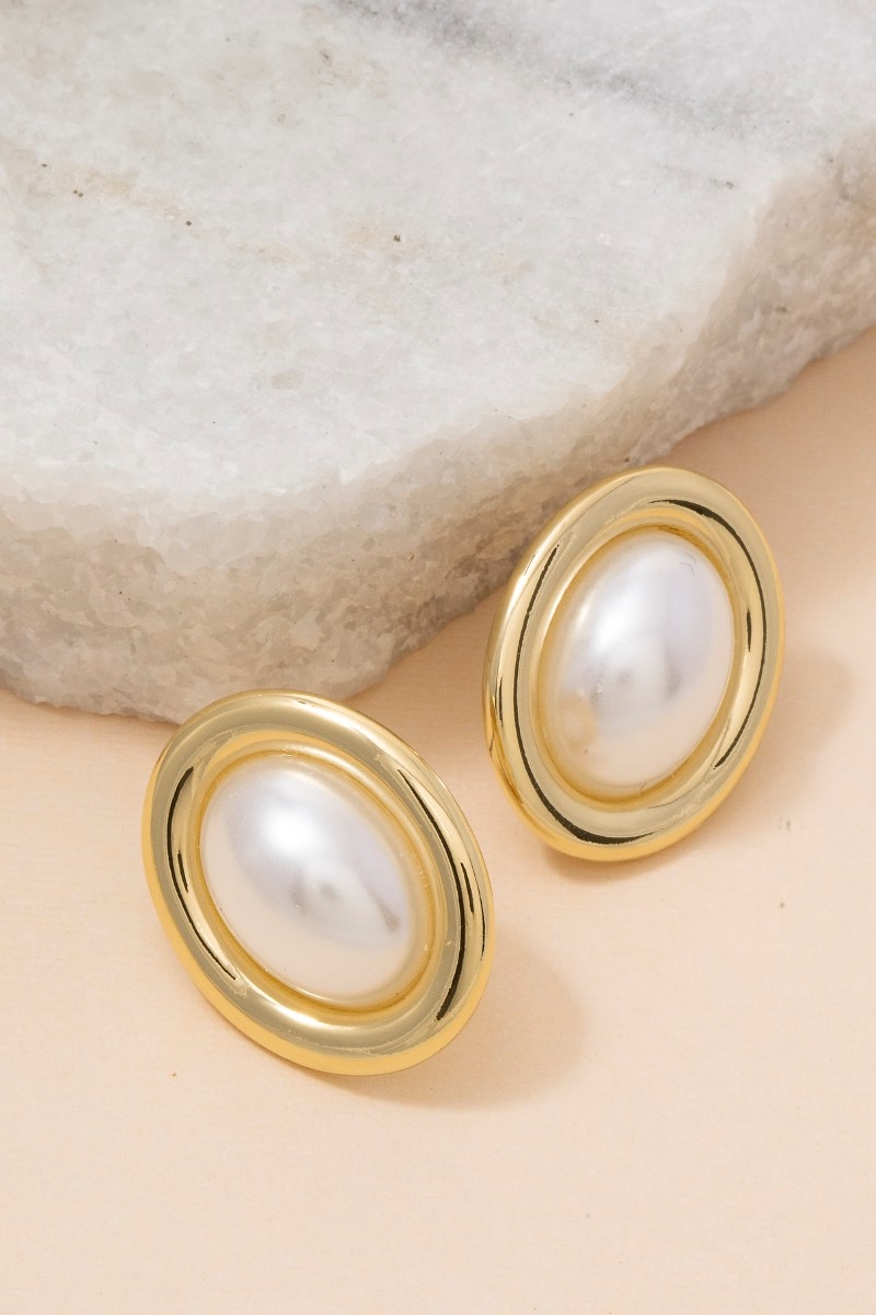 Gold Dipped Vintage Oval Pearl Stud Earrings