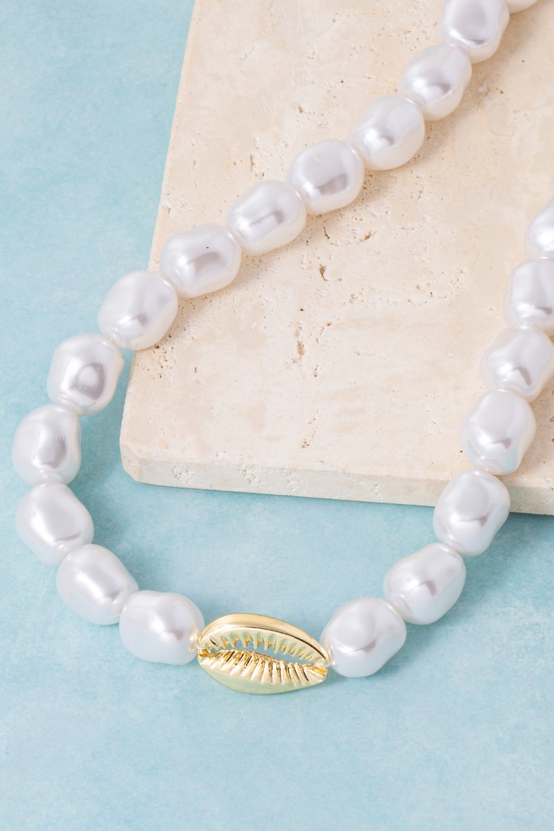 Gold Dipped Cowrie Sea Shell Pendant Pearl Beaded Necklace