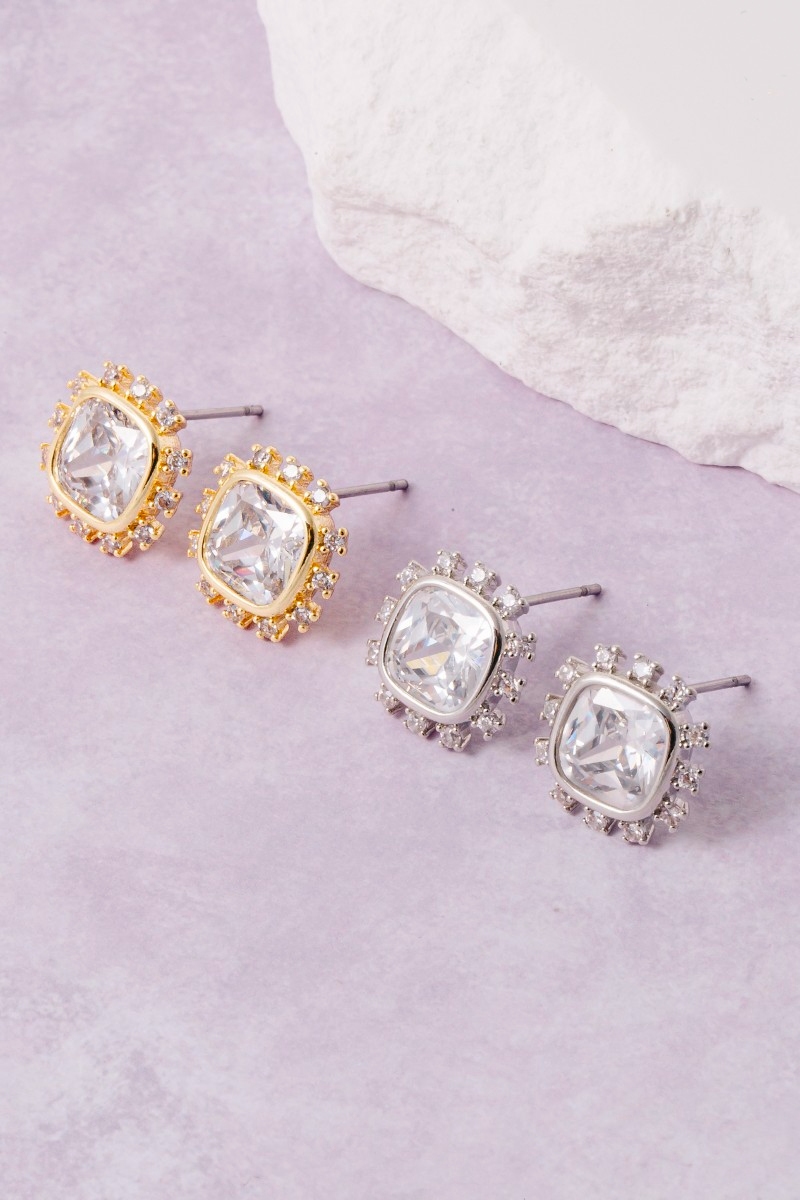 Gold Dipped Cushion Cut Crystal Halo Stud Earrings