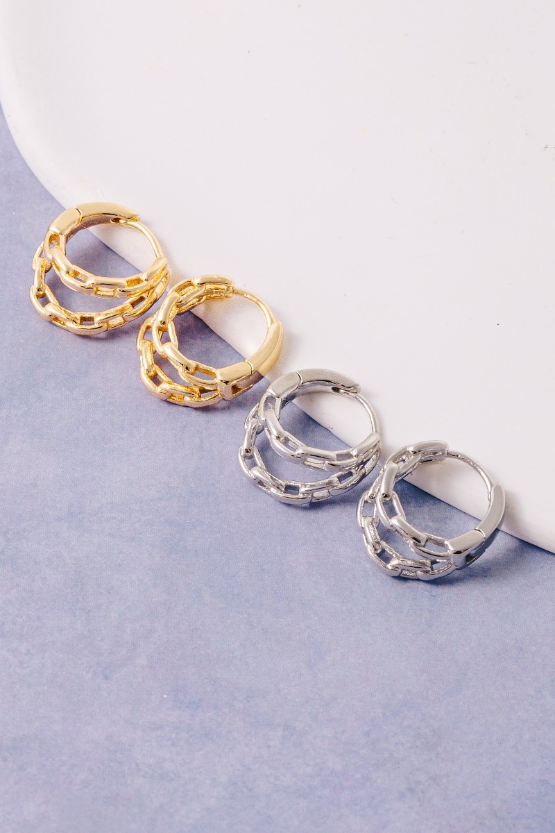 Gold Dipped Double Chain Link Huggie Hoop Earrings