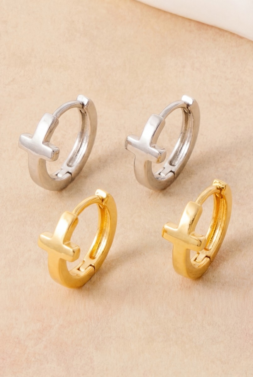 Gold Dipped Minimalist Cross Huggie Hoop Earrings