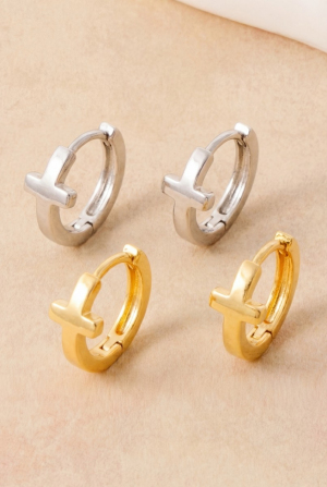 Gold Dipped Minimalist Cross Huggie Hoop Earrings