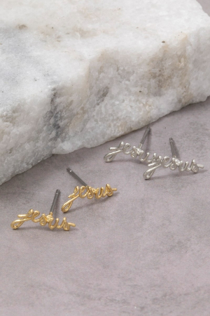 Gold Dipped Cursive Jesus Stud Earrings