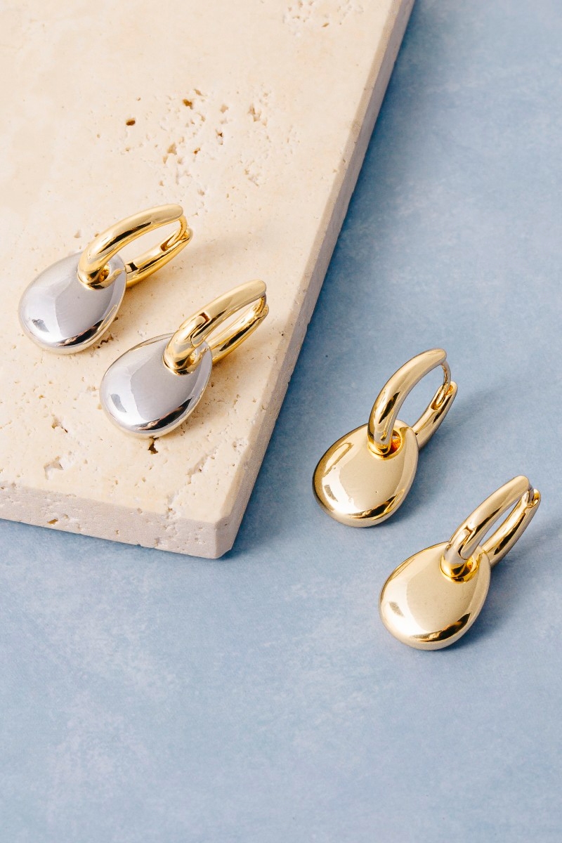 Gold Dipped Two-Tone Pebble Charm Huggie Earrings