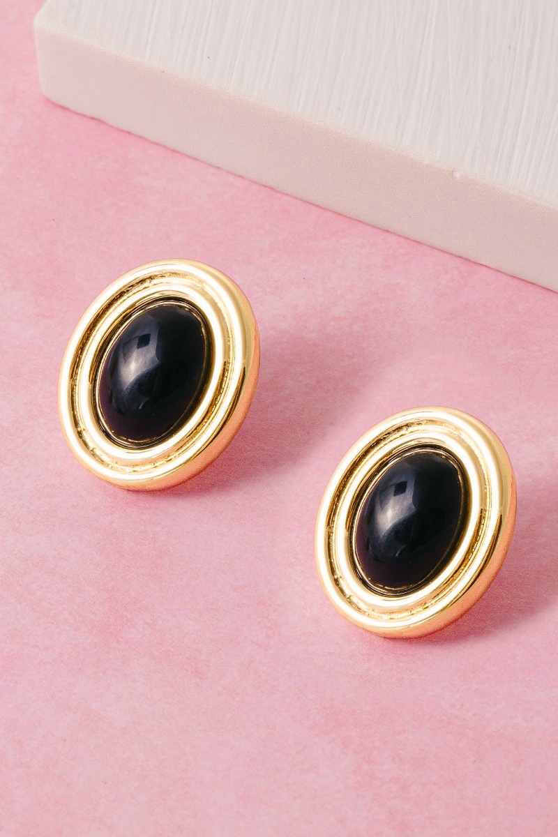 Black Stone Oval Gold Frame Stud Earrings