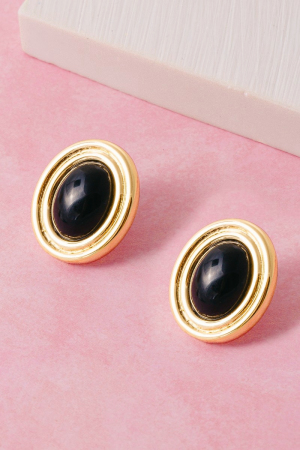 Black Stone Oval Gold Frame Stud Earrings