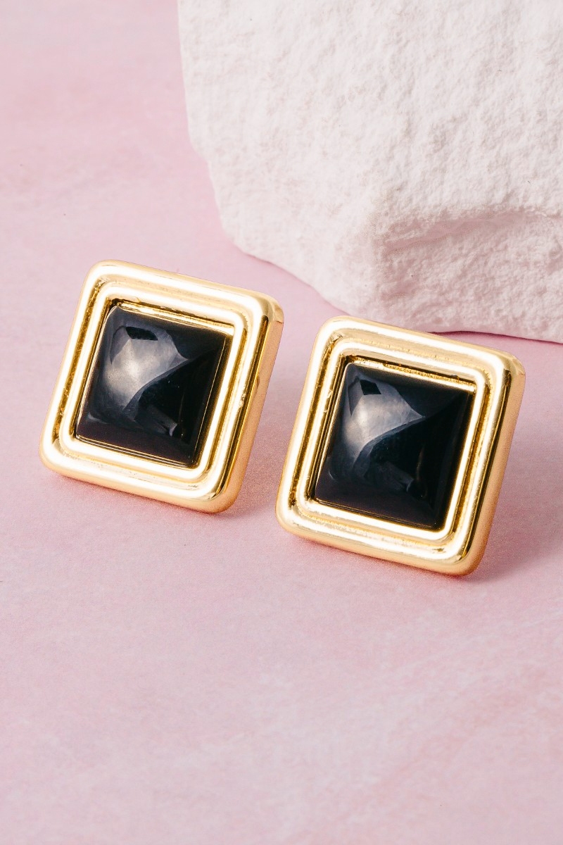Black Stone Square Gold Frame Stud Earrings