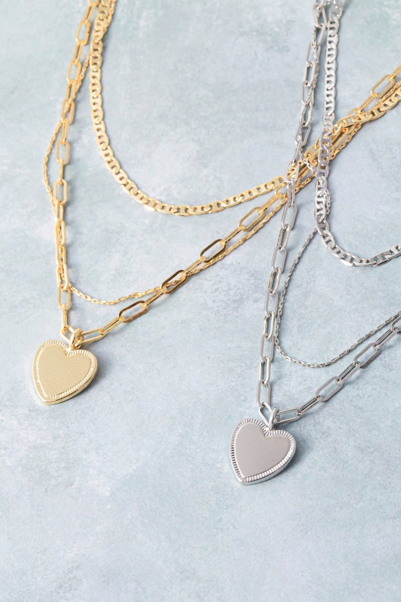 Triple Layered Mixed Chain Heart Pendant Necklace
